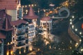 Borjomi, Samtskhe-Javakheti, Georgia. Aerial View Borjomi Hotel House At Autumn October Evening Night In Night