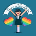 Born like this, pride month lgbt girl with placard and rainbow color heart in celebration illustration poster design picture Royalty Free Stock Photo