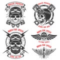 Born for speed. Set of the emblems with racer skulls. Biker club