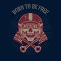 Born to be free. Skull in racer helmet and crossed pistons. Design element for poster, flyer, card, banner. Royalty Free Stock Photo