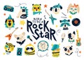 Born to be a rock star. Vector collection with rock animal characters and illustrations of musical instruments for kids Royalty Free Stock Photo