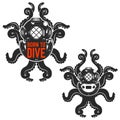 Born to dive. Old style diver helmet with octopus tentacles. Design element for logo, emblem, poster, t-shirt print. Vector illus Royalty Free Stock Photo