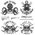 Born to dive. Set of vintage diver helmets, diver label templates and design elements. Design elements for logo, label, emblem, s