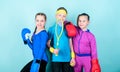 Born to fight. Happy children in boxing gloves with tennis racket and ball. Fitness energy health. punching knockout
