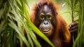 Bornean orangutan on the tree under rain in the wild nature. Central Bornean orangutan Generative Ai