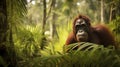 Bornean orangutan on the tree under rain in the wild nature. Central Bornean orangutan Generative Ai