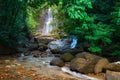Borneo Rain Forest Waterfall, Idyllic Stream Flowing In The Lush Green Jungle Of Kubah National Park, Sarawak, Malaysia. Blurred E