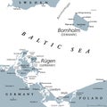 Danish island Bornholm and Germanys largest island Ruegen, gray political map