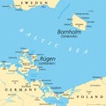 Political map of Danish island Bornholm, and German island Ruegen
