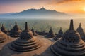 Borobudur Temple, Yogyakarta, Java, Indonesia. Borobudur Temple at sunrise. Yogyakarta, Java, Indonesia.