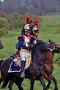 Reenactors dressed like French army soldiers at Borodino battle historical reenactment in Russia Royalty Free Stock Photo