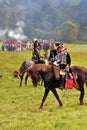 Reenactors dressed like Russian army soldiers at Borodino battle historical reenactment in Russia Royalty Free Stock Photo