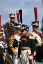 Reenactors dressed like Russian army soldiers at Borodino battle historical reenactment in Russia Royalty Free Stock Photo