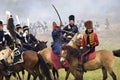 Army soldier woman and men at Borodino battle historical reenactment in Russia