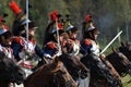 Reenactors cuirassiers at Borodino battle historical reenactment in Russia