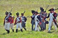 BORODINO, MOSCOW REGION - SEPTEMBER 02, 2018: Reenactors dressed as Napoleonic war soldiers at Borodino battle