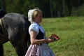 Woman reenactor at Borodino battle historical reenactment in Russia