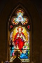 Borovnicka, Czech republic - May 15, 2021. Detail of vitrage window in Church Of The Divine Heart Of The Lord