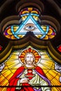 Borovnicka, Czech republic - May 15, 2021. Detail of vitrage window in Church Of The Divine Heart Of The Lord