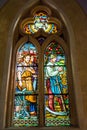 Borovnicka, Czech republic - May 15, 2021. Detail of vitrage window in Church Of The Divine Heart Of The Lord