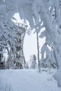 Borowa Gora tower view point during winter time. Frosty structure, glazed, icy branches. Royalty Free Stock Photo