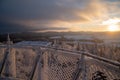 Borowa Gora view point during winter time. Frosty structure, glazed, icy branches and net fence. Walbrzych Royalty Free Stock Photo