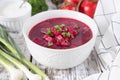 Borsch - beetroot soup. Ukrainian and Russian traditional vegetable vegetarian red soup Royalty Free Stock Photo
