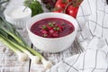 Borsch - beetroot soup. Ukrainian and Russian traditional vegetable vegetarian red soup Royalty Free Stock Photo