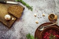 Borsch with fresh bread and dill in a clay bowl 2 Royalty Free Stock Photo
