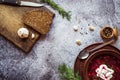 Borsch with fresh bread and dill in a clay bowl 3 Royalty Free Stock Photo