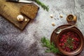 Borsch with fresh bread and dill in a clay bowl Royalty Free Stock Photo