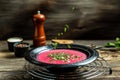 Borsch. Homemade Russian, Ukrainian and Polish national soup - red borscht made of beetrot, vegetables. banner, menu, recipe, Royalty Free Stock Photo