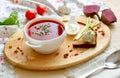 Borsch - hot beet soup with sour cream. Royalty Free Stock Photo