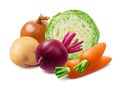 Borsch ingredients: beetroot, cabbage half, carrot, potato and onion isolated on white