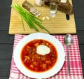 Borsch lard and vodka in a glass on the table Royalty Free Stock Photo