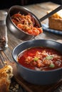 Borsch is poured into a bowl of soup ladle, traditional Ukrainian vegetable soup made from beets, carrots, tomatoes Royalty Free Stock Photo