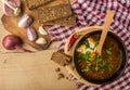 Borsch-soup with sour cream and bread. Top view