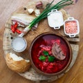 Borsch. Traditional Ukrainian vegetable soup made from beets, carrots, tomatoes, potatoes, cabbage, greens and garlic Royalty Free Stock Photo