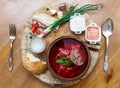 Borsch. Traditional Ukrainian vegetable soup made from beets, carrots, tomatoes, potatoes, cabbage, greens and garlic Royalty Free Stock Photo