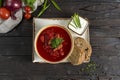 Borscht with beef and sour cream. Traditional Ukrainian vegetable soup made from beets, potatoes, cereals and boiled meat, and two Royalty Free Stock Photo