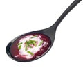 Borscht in black spoon, beetroot soup isolated on white background Royalty Free Stock Photo