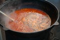 Borscht in the cauldron on the fire. Dinner in the countryside Royalty Free Stock Photo
