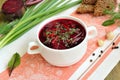 Borscht with dill in white bowl