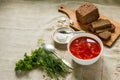 Borscht. Hearty lunch. Slices of bread, sour cream, greens