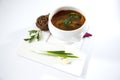 Borscht with pampushka, onion and garlic. Plate on a white background Royalty Free Stock Photo