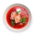Borscht, Red Soup Made of Beetroot and Vegetables with Pork Ribs and Sour Cream on White Background Royalty Free Stock Photo