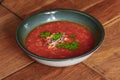 Borscht. Red Ukrainian Russian soup in bowl with sour cream and green onion, isolated on wooden background. Royalty Free Stock Photo