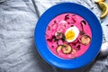 Borscht Traditional Polish Cold Beet Soup Chlodnik with Fresh Vegetables and Egg Royalty Free Stock Photo