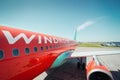 Windrose airlines` turquoise Airbus A320 : view from boarding stairs