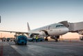 Qatar Airways aircraft at jet bridge near teminal gate. Royalty Free Stock Photo